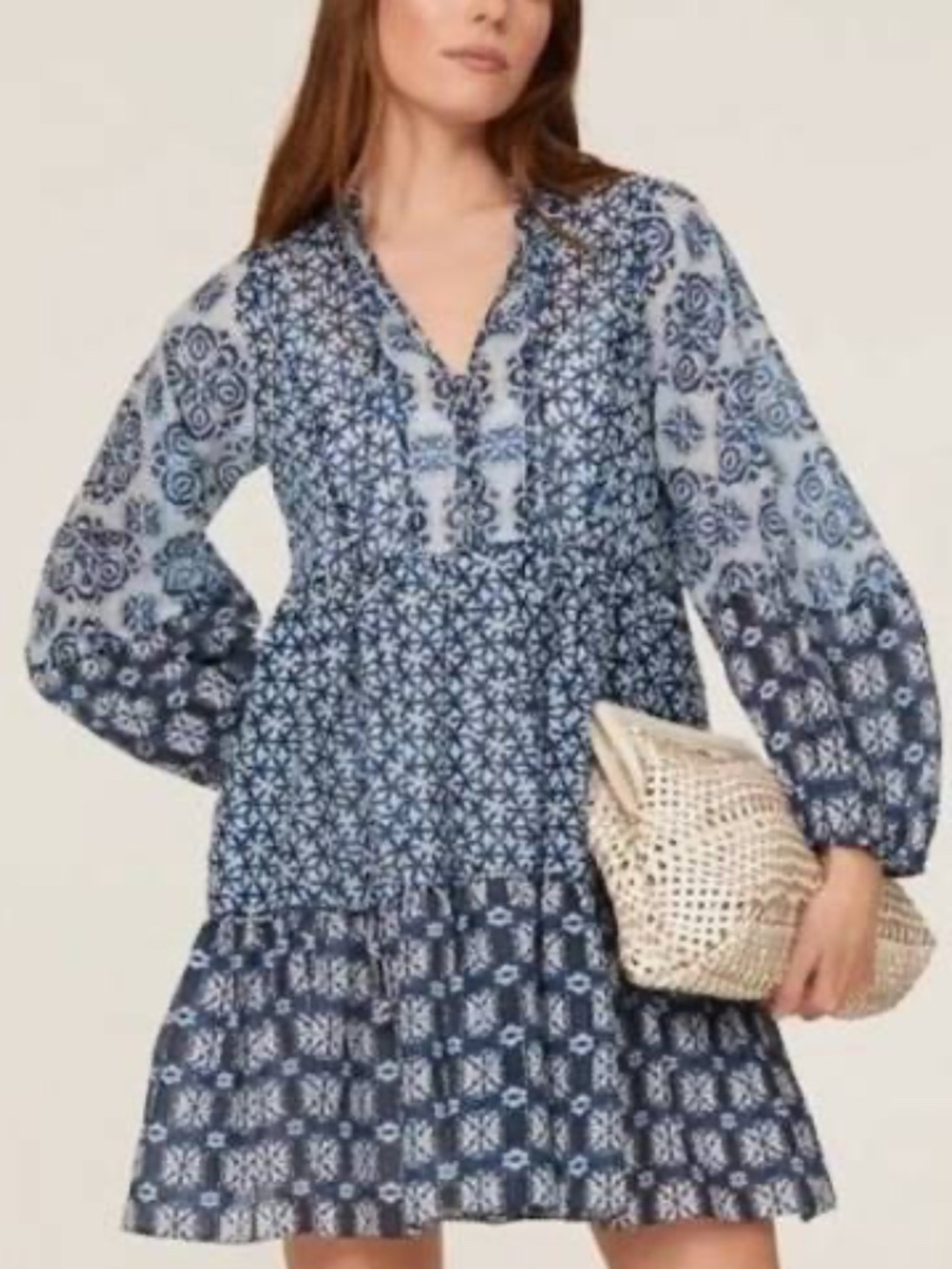 Maje Blue Patterned Long-Sleeve Tiered Dress